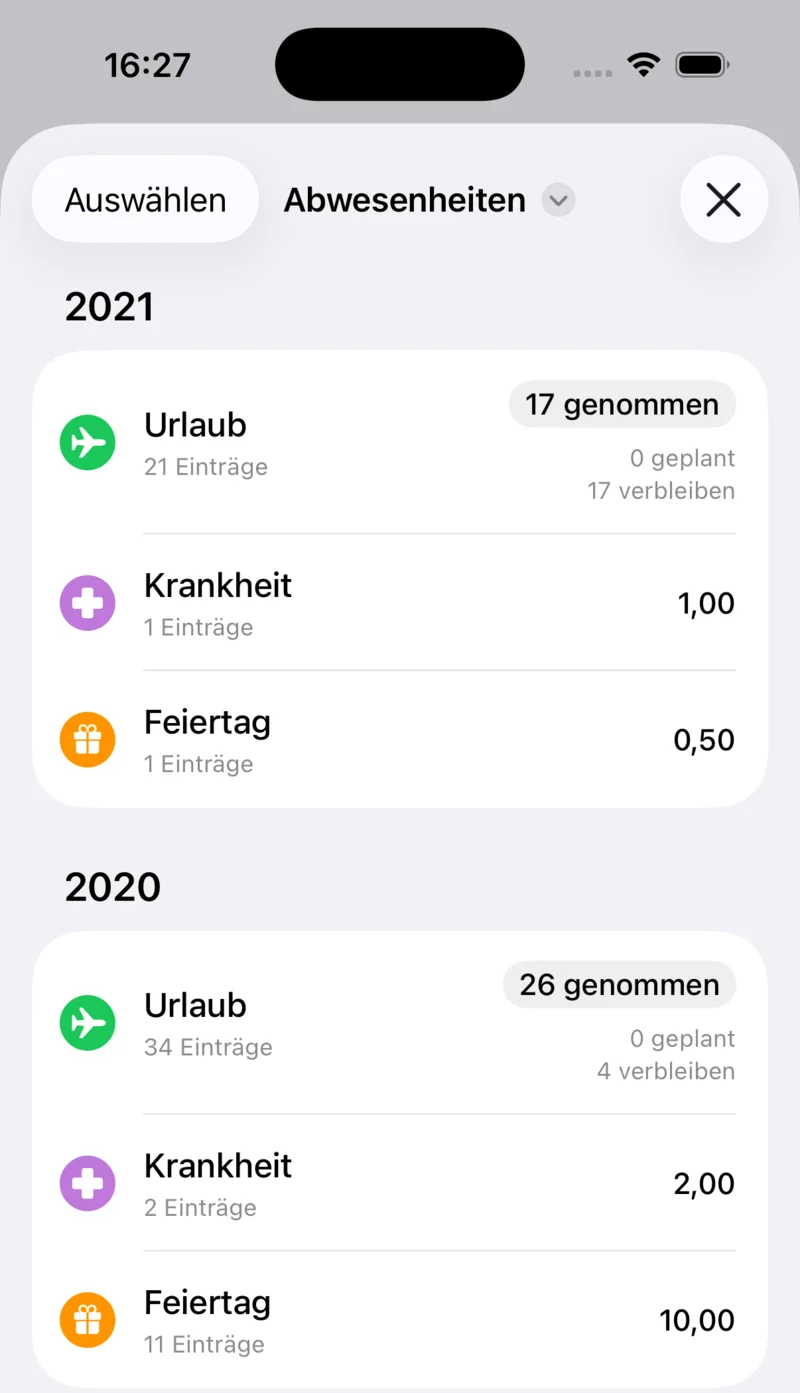 Abwesenheiten in der App: genommene und verbleibende Urlaubstage, Krankheit und Feiertage pro Jahr