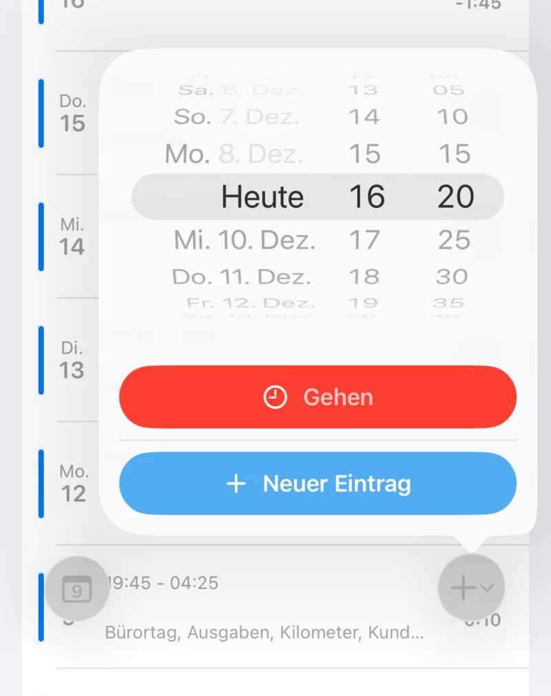 Einstempeln in der App: Uhrzeit wählen und auf Gehen oder Neuer Eintrag tippen