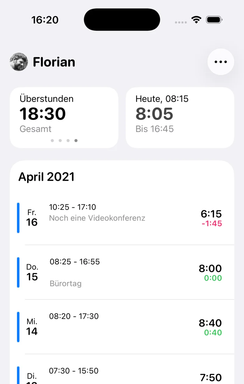 Startseite der App mit Überstunden, heutigem Arbeitstag und den Einträgen im April