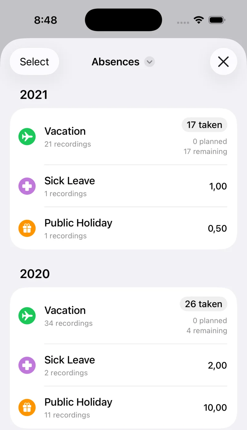 Absences report by year with vacation days taken and remaining, sick leave and public holidays