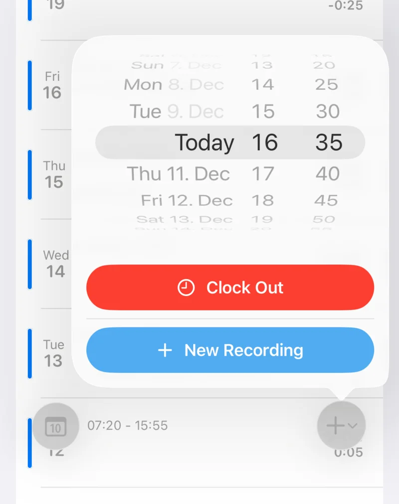 Clocking in: choose the time and tap Clock Out or New Entry