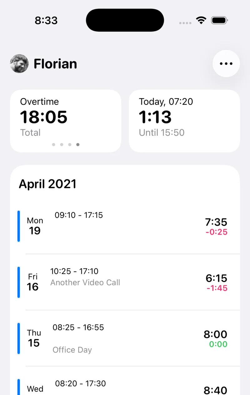 Home screen of the app with overtime, today’s working time and the entries for April