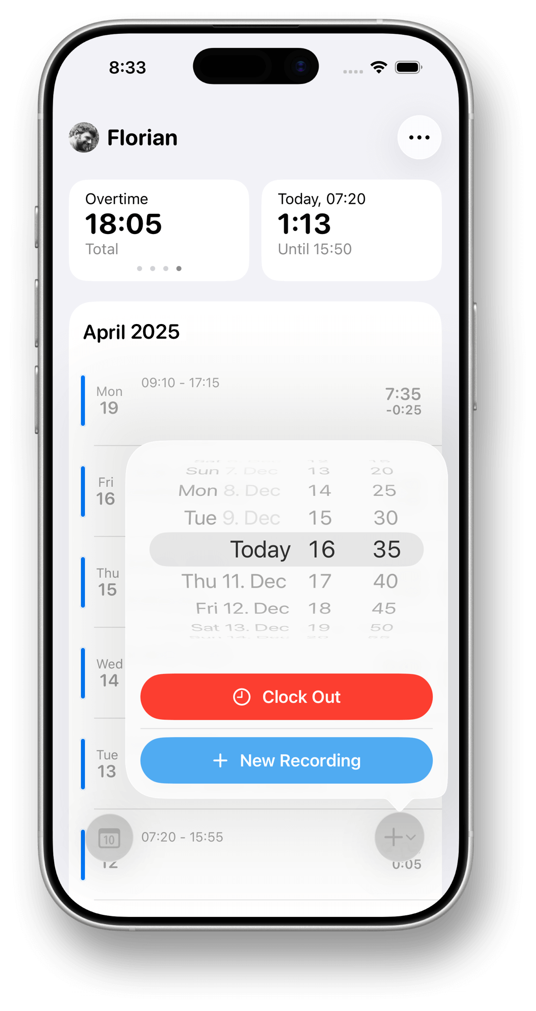 WorkTimes weekly timesheet view on iPhone